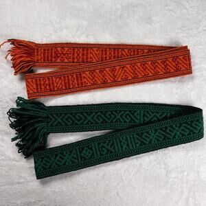 2 Vintage Guatemalan Handwoven Sash Belt Wool Colorful 1970s Green Black Orange